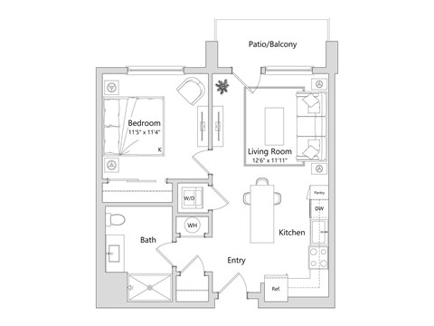A floor plan of a home with a living room, dining room, kitchen, bathroom, bedroom and a patio/balcony.